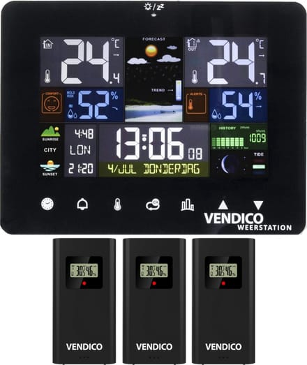 Vendico - Weerstation - Binnen & Buiten - Draadloos - Met Buitensensor - 3 sensoren - LCD Display
