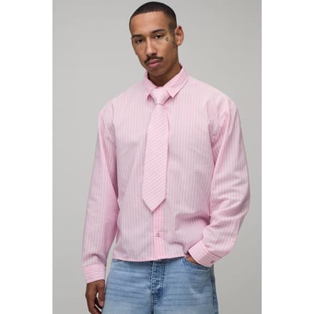 Oversized Boxy Gestreept Overhemd Met Stropdas | Pink | Size XL