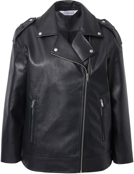 Studio Untold - Dames - Bikerjas imitatieleer langer en oversized metallic rits - Zwart - Maat 46+