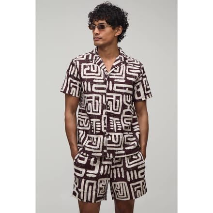 Getextureerd Geometrisch Bedrukt Regular Shirt & Relaxed Short Set | Chocolate | Size Medium