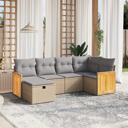 vidaXL - 6-delige - Loungeset - met - kussens - poly - rattan - gemengd - beige