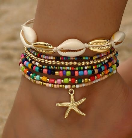enkelbandjes set - 6 stuks - multi color - kralen - schelpen - cadeau tip