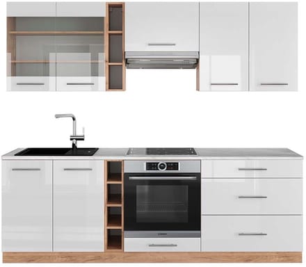 Vicco Fame-Line Complete keukeneenheid – 235 cm, WB Marmer Wit hoogglans/goud power eiken