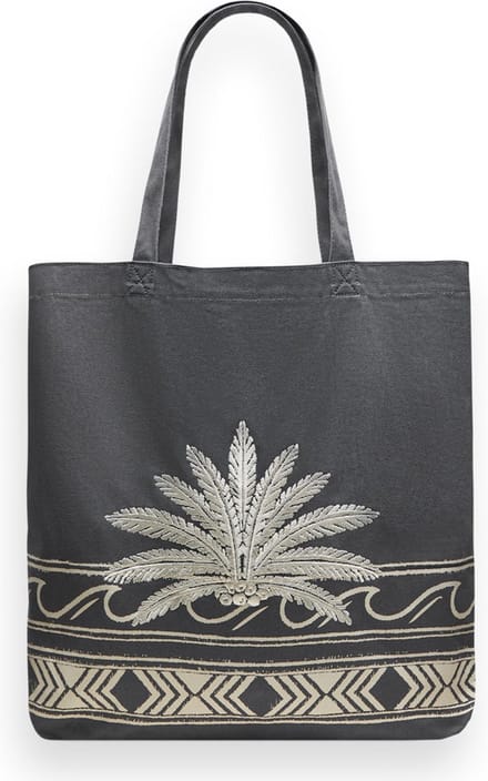 SCOTCH & SODA Schoudertas Canvas Tote Bag with Embroidery Palm Wave Border Zwart