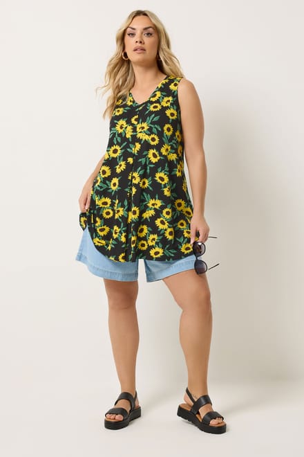 Yours Zwarte Topje Met Zonnebloemprint En Geplooide Voorkant Size 44