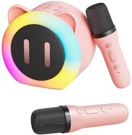 Karaokesets - Mini Karaoke Machine voor kinderen - Draagbare Bluetooth Karaoke Machine met - 2 Draadloze Microfoon- LED-verlichting - Roze