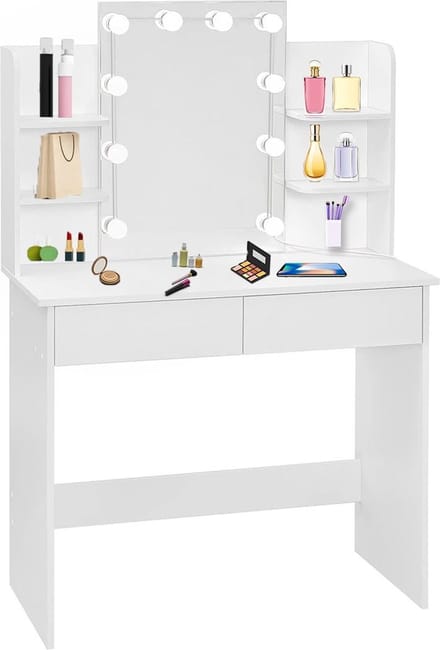 Make up Tafel - Kaptafel met Spiegel en Verlichting - Hollywood Spiegel - Hout - Wit