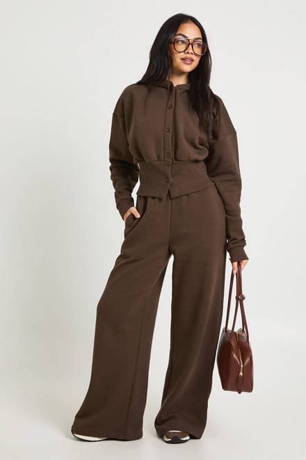 boohoo Dames Capuchon-trainingspak met getailleerde taille en doorlopende knoopsluiting | Chocoladebruin | Maat: Small