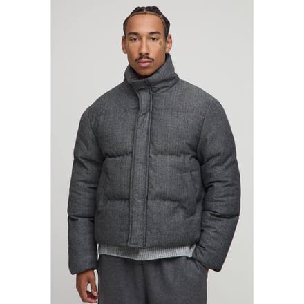 Boxy Fit Check Funnel Neck Puffer Jacket | Grey | Size Medium