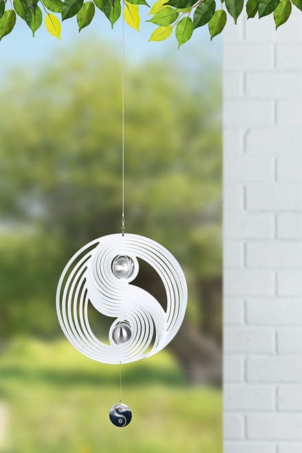 Windspinner Yin Yang RVS zwart wit -25 cm rond hoogte met koord 90 cm