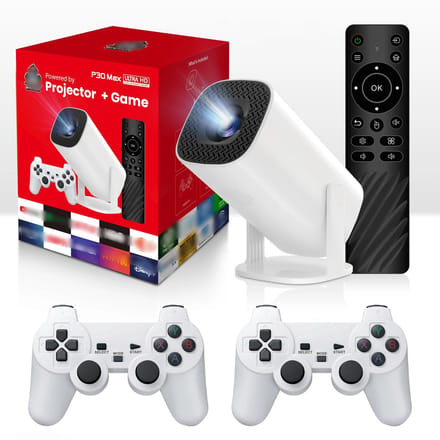 ECTEATOY® Mini Beamer – HD Smart Projector met WiFi 6 & Bluetooth 5.4 – 4K Support – Inclusief 2 Draadloze Controllers & Retro Games – Wit