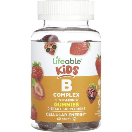 Lifeable, Kinder B-complex + Vitamine C gummies, natuurlijke aardbeiensmaak, 60 gummies