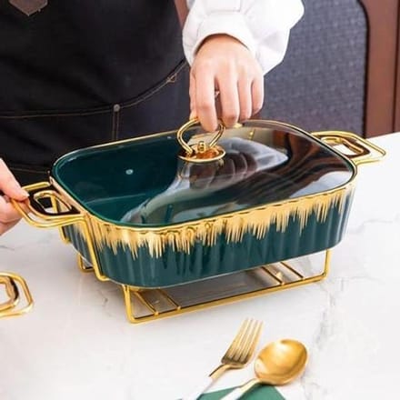Keramische Voedselwarmer - Buffet Server Set - Eten Warm Houden - Dubbele Branders - 1.8L - Groen