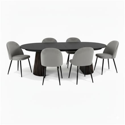Tokyo eethoek eettafel zwart, 6 stoelen met grijze velours bekleding.