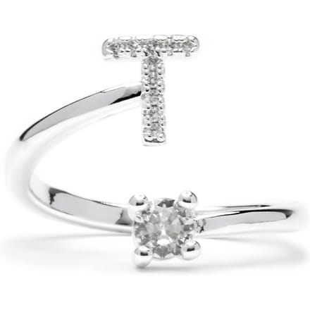Bague - LUXENTER - Alphabet - Lettre T - Taille ajustable - Plaqué rhodium blanc
