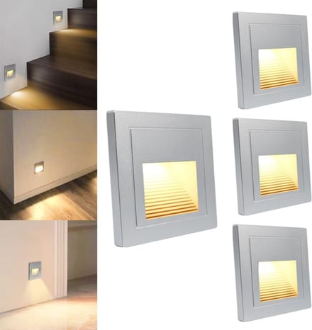 LED Traplicht 4 Stuks Warmwit 3000K Vierkant Zilver