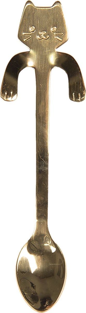 Clayre & Eef Theelepel 3*11 cm Goudkleurig Metaal Kat Koffielepel Lepel