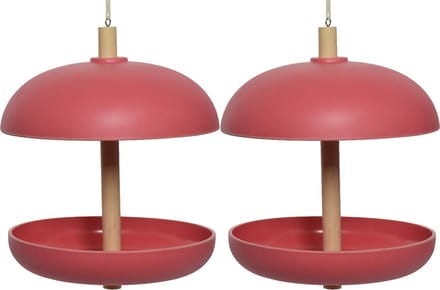 Decoris vogel voedersilo hangend - 2x - bamboe hout - roze - 21 x 25 cm