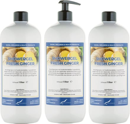 Douchegel Fresh Ginger 1 liter - set van 3 stuks - met gratis pomp - showergel