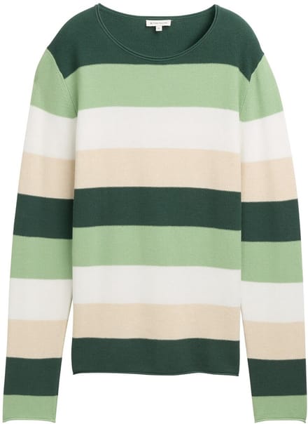 Tom Tailor - Gebreide trui met ronde hals - Maat L - green beige block stripe