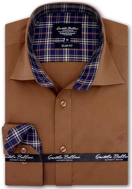 Heren Overhemd - Slim Fit - Ruiten Contrastbeleg - Bruin - Maat 3XL