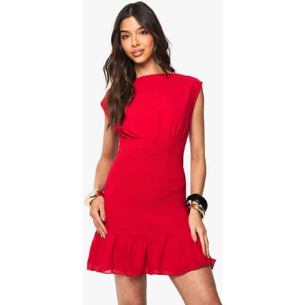 boohoo Dames Mini Jurk met Gerimpelde Taille en Ruches Zoom | Red | Maat: 14