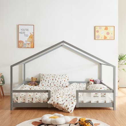 Kinderbed Treviolo huisbed 140x200 cm lichtgrijs en wit [en.casa]