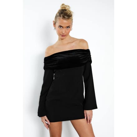 boohoo Dames Fluweel Overvouwbare Bardot Getailleerde Mini Jurk | Black | Maat: 16