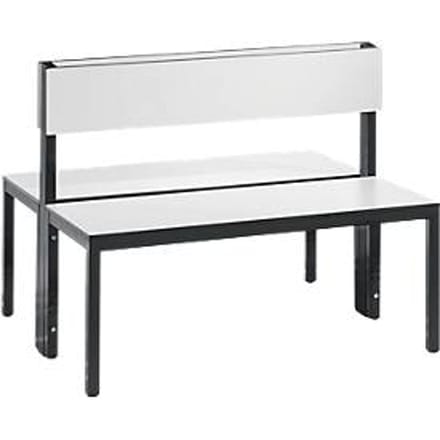 Basic Plus bank, 2-zijdig, rugleuning, zonder schoenenrek, 4-poots frame zwartgrijs RAL 7021, B 1000 mm, decor wit