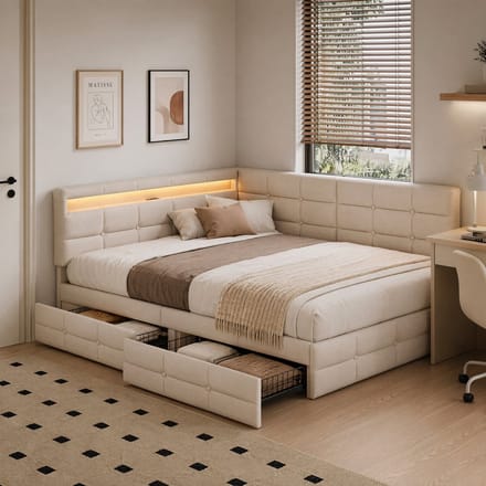 Hoekbed 140x190 cm beige stof met LED, USB en 2 opbergladen
