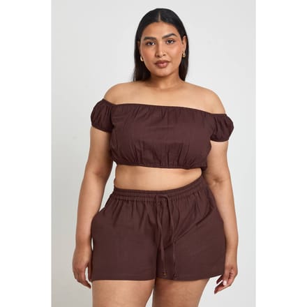 boohoo Dames Plus Linnen Short Met Kralensierrand En Elastische Taille | Chocoladebruin | Maat: 52