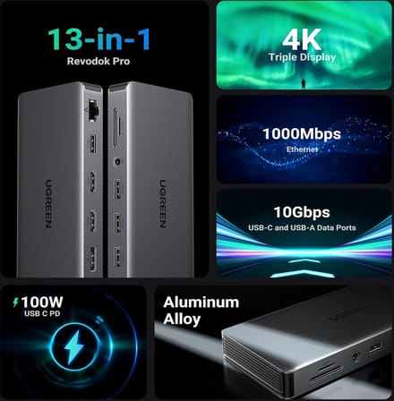 UGREEN 13in1 USB-C - 2x USB-A 3.2 / 2x USB-A 3.0 / USB-C 3.2 / 2x HDMI / RJ45 / SD and TF / AUX / USB-C PD