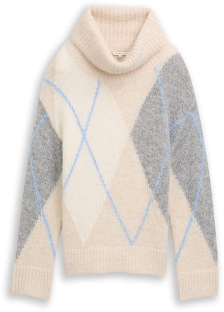 Tom Tailor - Oversized coltrui met wol - Maat S - beige grey argyle knit design