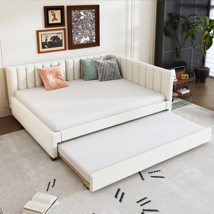 MODFU Ledikant 140x200 cm – beige fluweel – multifunctioneel met uitschuifbed en lattenbodem