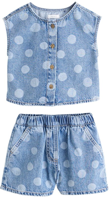 Next - Meisjes - Denim polka dot gilet en korte broek set - Blauw