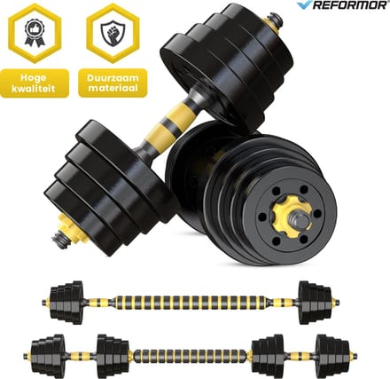 Reformor® - Halterset - Dumbells Set - Verstelbare Dumbells – 15KG - Halterstang Met Gewichten – Geel