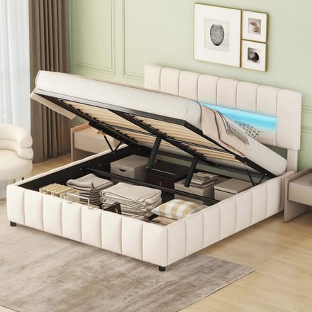 Modern tweepersoonsbed met ledverlichting en opbergruimte