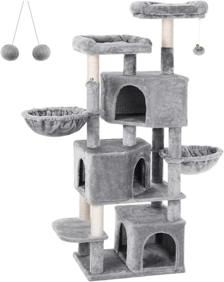 Hoppa! - Krabpaal Groot met 3 Kattengrotten - Grijs - 41 x 56 x 164 cm (L x B x H)
