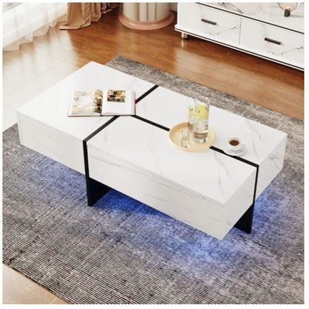 Table basse - MUVOE - Imitation marbre blanc - Éclairage LED - 3 tiroirs - 100x50x34.5 cm