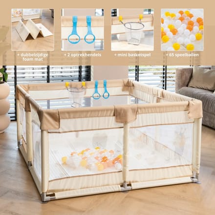 Grondbox Babybox 128x128 cm - Speelmat - Basket - 2 Optrekhandvatten