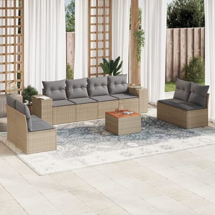 vidaXL - 9-delige - Loungeset - met - kussens - poly - rattan - beige
