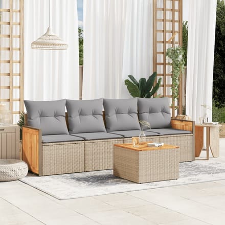 vidaXL - 5-delige - Loungeset - met - kussens - poly - rattan - beige