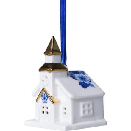 Heinen delfts blauw kerstornament - kerk, 8 cm