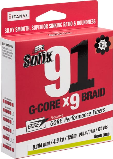 Sufix 91 G-core X9 Braid | 100m 0.104mm Neon Chartreuse
