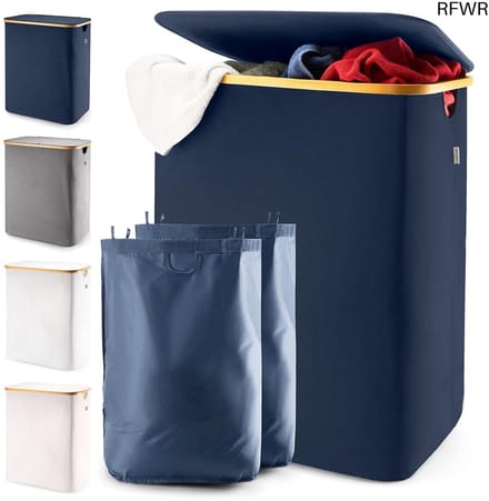 RFWR® Wasmand met deksel en 2 compartimenten - 150L Ademend Bamboe frame - Waterdichte Opbergoplossing - Blauw