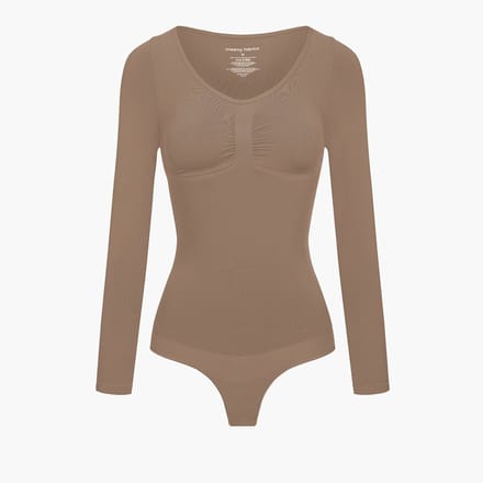 cfab - Bodysuit met corrigerende werking, lange mouwen en koord - Caramel - 3XL
