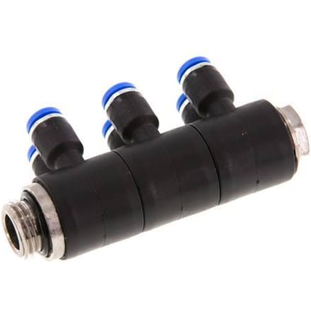 4mm x G1/4'' 6-way Manifold Messing/PA 66 Insteekfitting Buitendraad Draaibaar NBR