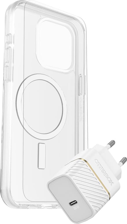 OtterBox KIT Apple iPhone 15 Pro Max (Symmetry Clear MagSafe / Premium Glass AM / EU USB-C Wall Charger 30W - white)