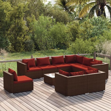 vidaXL - 10-delige - Loungeset - met - kussens - poly - rattan - bruin