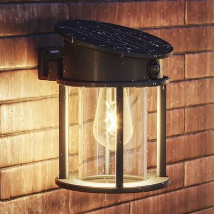 Philips Geri Wandlamp - UltraEfficient LED - Solar buitenlamp - Warmwit licht 2700K - Zwart - Rond ontwerp - Bewegingssensor - Zonne-energie - Schemersensor